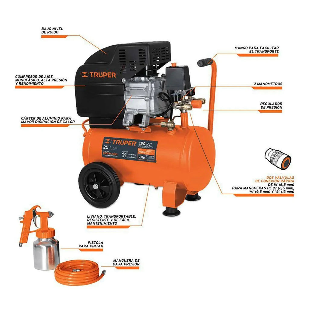 Kit Compresor 25 Litros Manguera y Pistola 3 Hp